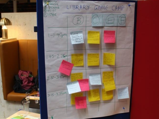 Photo of schedule of sessions at Game Library Camp 2017